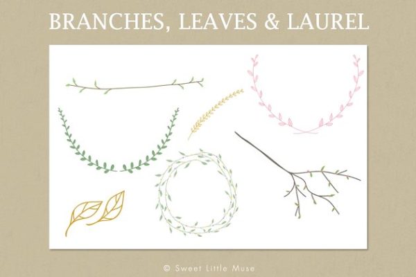 文艺清新手绘树枝插画汇总 Clip Art Branches, Leaves & Laurel