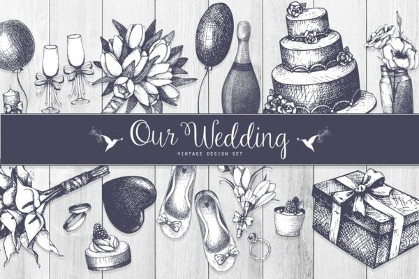 复古婚礼设计矢量元素汇总 Vector Wedding Design Elements Set