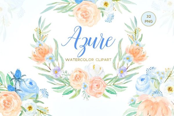 浪漫天蓝桃色玫瑰剪贴画汇总 Azure Blue, Peach & Rose clipart