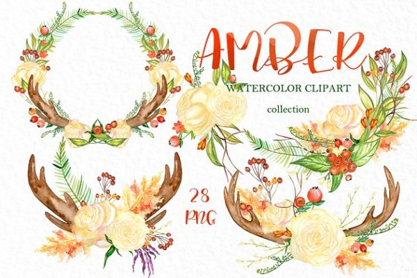 秋天水彩花卉花环剪贴画汇总 Amber. Autumn watercolor clipart