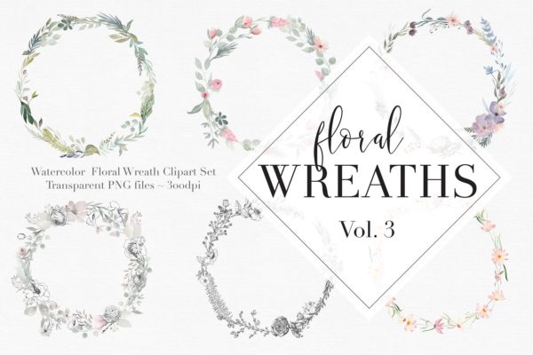 独特的手绘花卉花环剪贴画汇总 Vol.3 Watercolor Floral Wreaths Vol.3