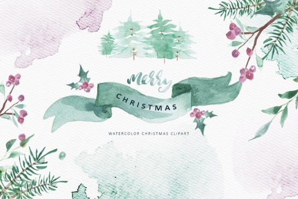 美丽冬季圣诞水彩剪贴画汇总 Merry Christmas Watercolor Bundle