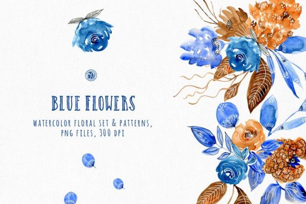 蓝色手绘水彩花卉插画汇总 Blue Flowers