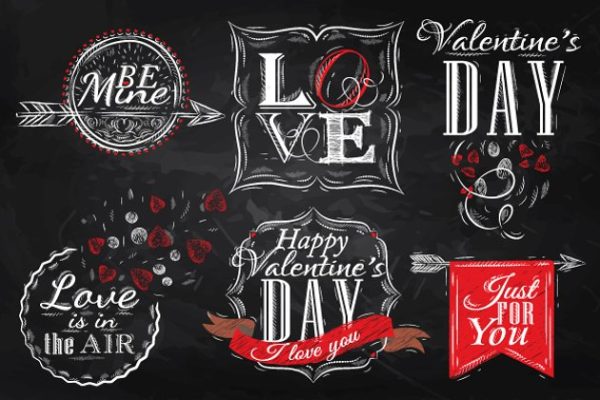 浪漫手绘情人节专题粉笔插画汇总 Set Valentine’s Day