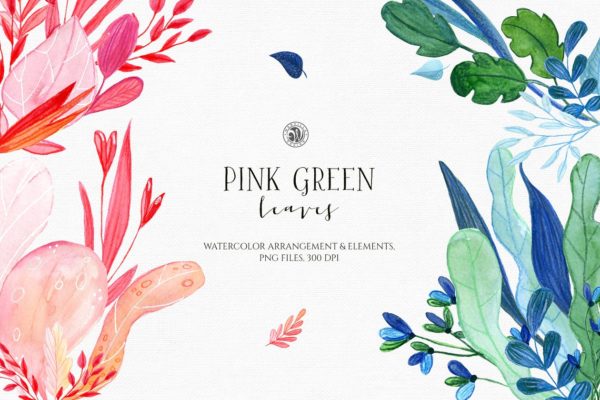 水彩手绘粉绿色叶子插画汇总 Pink Green Leaves