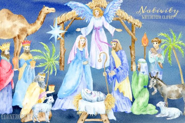 手绘水彩耶稣诞生元素汇总 Watercolor Illustration Nativity