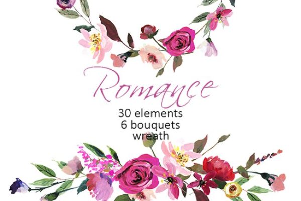 粉红色水彩花卉剪贴画汇总 Pink Red AcrylFlowers Clipart