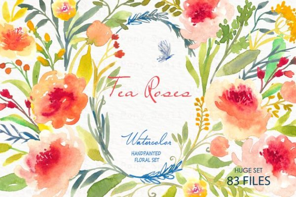 水彩手绘玫瑰花剪贴画汇总 Tea Roses-Watercolor Clip Art