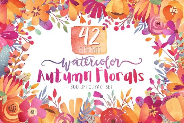 秋季色彩主题花卉设计剪贴画汇总 Watercolor Autumn Florals Clipart