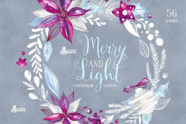 假日手绘水彩花卉剪贴画汇总 Merry and Light. Holiday collection