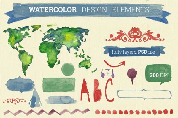 特色水彩手绘设计元素素材精选汇总 Watercolor Design Elements