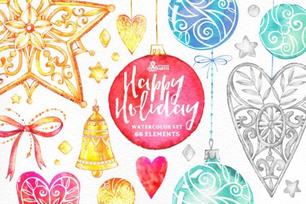 快乐节假日手绘水彩元素 Happy Holiday