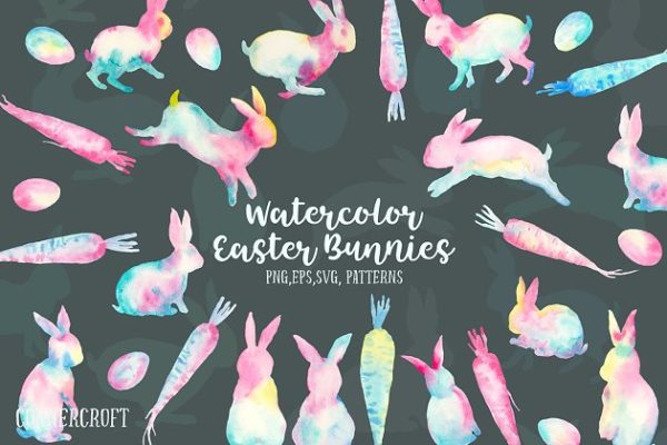 复活节水彩手绘兔子剪贴画汇总 Watercolor Abstract Easter Bunny