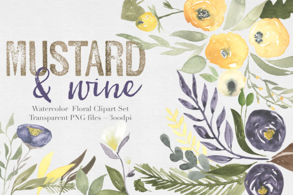 水彩芥末洋酒色花卉植物剪贴画汇总 Mustard & wine Floral Clipart Set