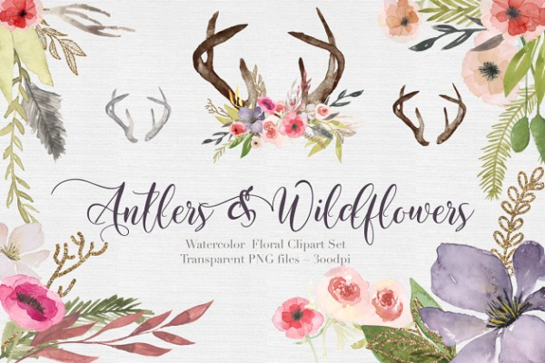 独特手绘花卉鹿角剪贴画汇总 Antlers & flowers Watercolor Clipart