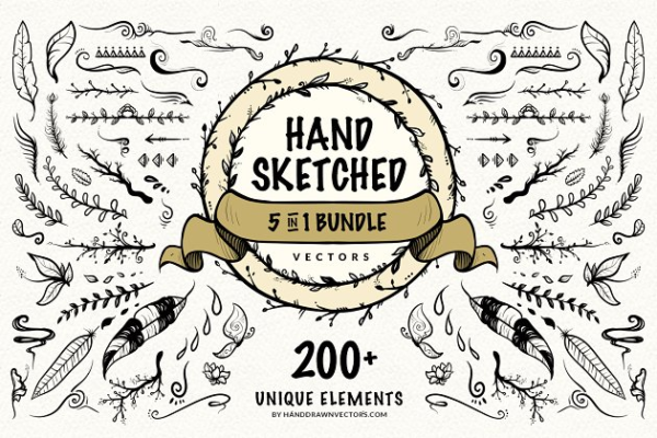 手绘素描叶子元素矢量插画 Hand Sketched Vectors Bundle