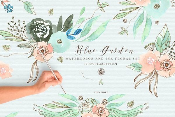 水彩蓝色花园手绘花卉元素 Blue Garden Floral Set