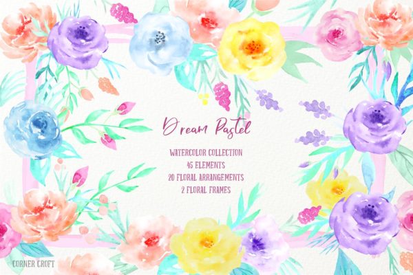 梦幻水彩花卉剪贴画汇总 Watercolor Clipart Dream Pastel