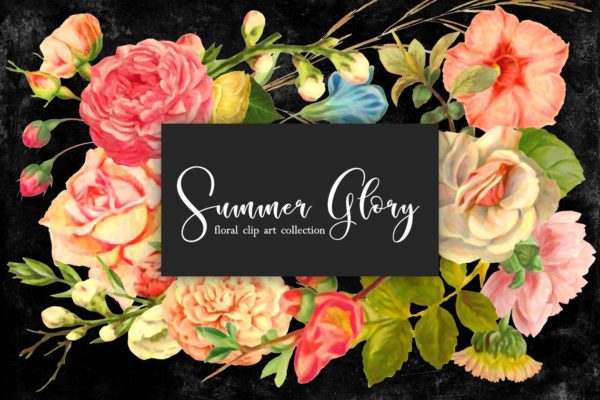 复古盛夏花卉主题素材精选汇总 Floral Clip Art – Summer Glory