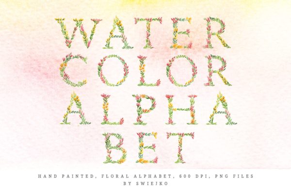 春天手绘水彩花卉字母表 Spring Flowers Alphabet