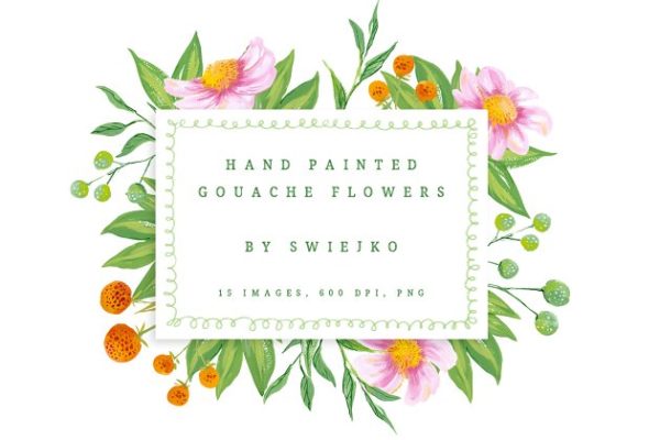 浪漫手绘鲜花树叶剪贴画汇总 Gouache Flowers clipart set