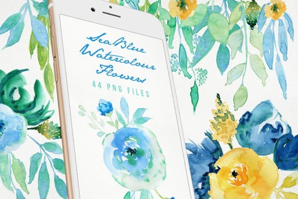 手绘海蓝色水彩花卉图形元素 Sea Blue Flowers