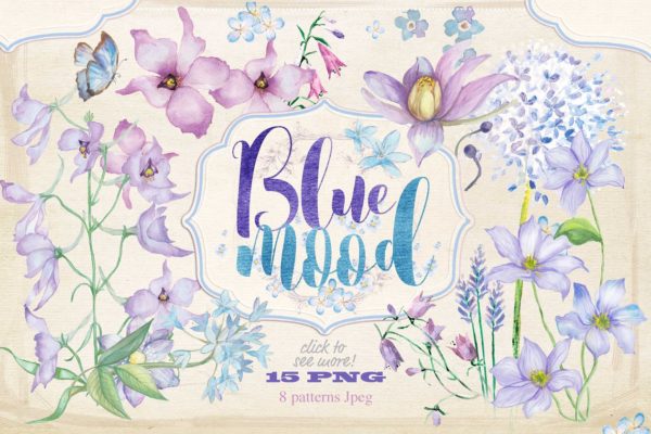 蓝色手绘水彩花卉插画素材精选汇总 Floral collection "Blue mood"