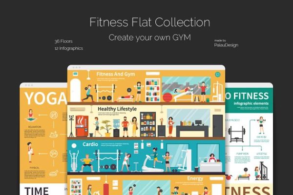 健身俱乐部扁平风概念图标汇总 Fitness Flat Collection