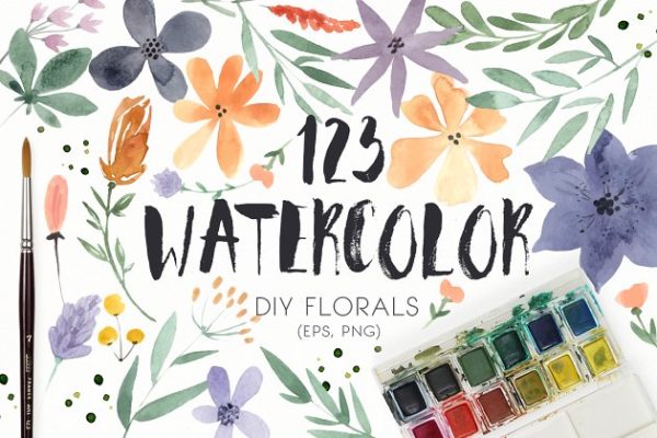 DIY水彩花叶系列元素汇总 123 DIY Watercolor Flowers (EPS,PNG)