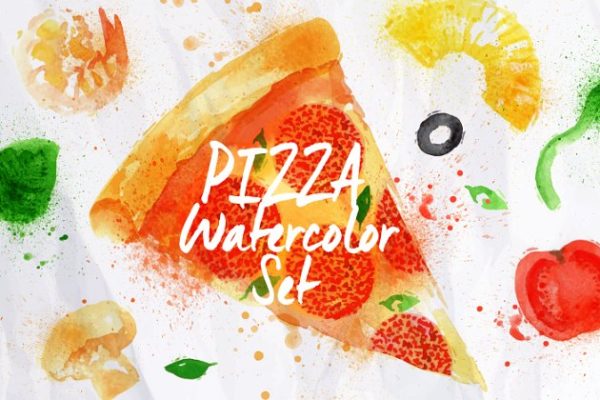 手工绘制的水彩污渍披萨插图汇总 Pizza watercolor set