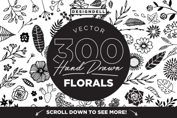 300幅手绘线条艺术风格花卉剪贴画 300 Hand Drawn Florals