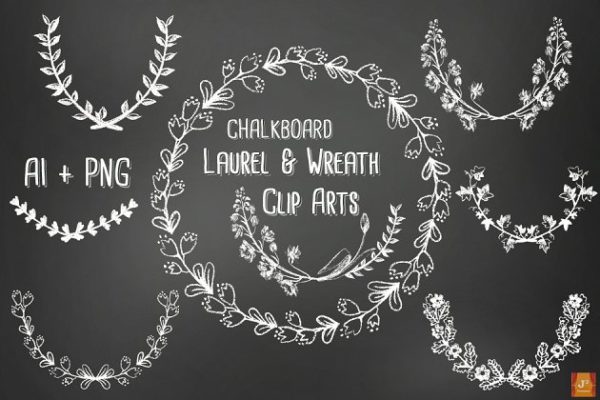 粉笔手绘黑板风格月桂花环剪贴画 Vector PNG Chalkboard style Wreaths