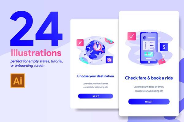 第一素材精选下午茶：24个APP新手指引页创意矢量插画文件[Ai]