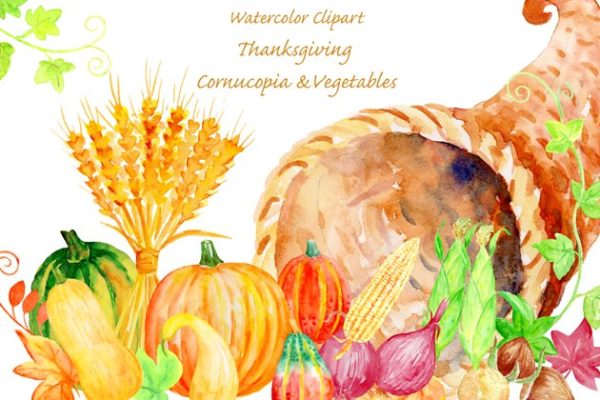 水彩感恩节主题素材精选聚宝盆 Thanksgiving Cornucopia