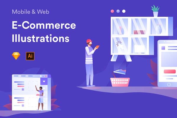 第一素材精选下午茶：电商互联网概念手绘插画素材精选文件[Ai,Sketch]