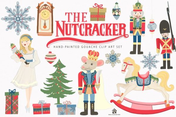 手绘胡桃夹子芭蕾舞童话水粉插画 The Nutcracker Ballet Clip Art Set
