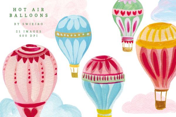 亚克力手绘小清新热气球插图 Hot Air Balloons clipart set
