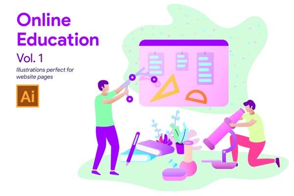 互联网在线教育相关的创意插画文件[Ai]