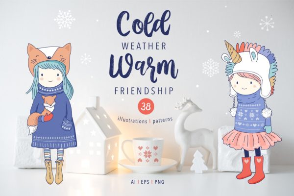 可爱的卡通冬装女孩手绘插画 Cold weather, Warm friendship