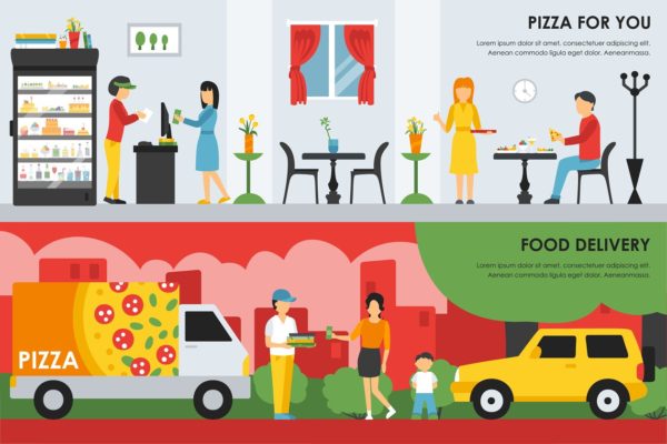 外卖&披萨餐厅内部展示服务概念平面插图 Pizzeria Flat Interiors 9 sets