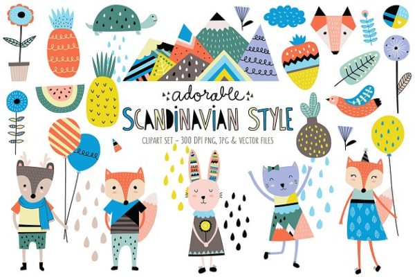 可爱的森林动物园卡通剪贴画 Cute Scandinavian Animals & Designs