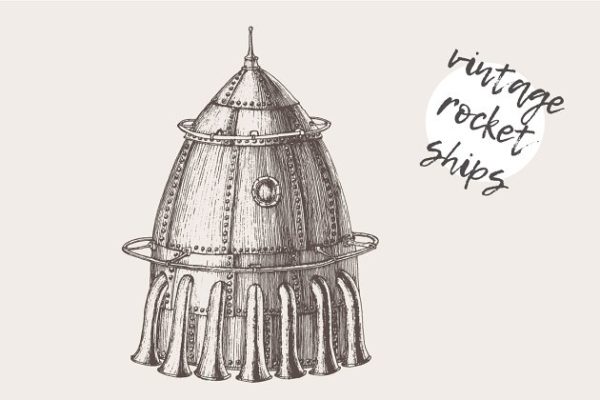 蒸汽朋克火箭船素描图形素材精选 Set of steam punk rocket ships