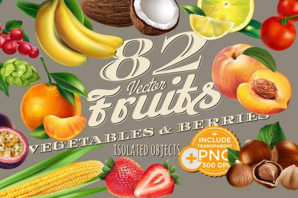 82张水果/浆果/蔬菜矢量剪贴画大汇总 82 Fruits, Berries and Vegetables