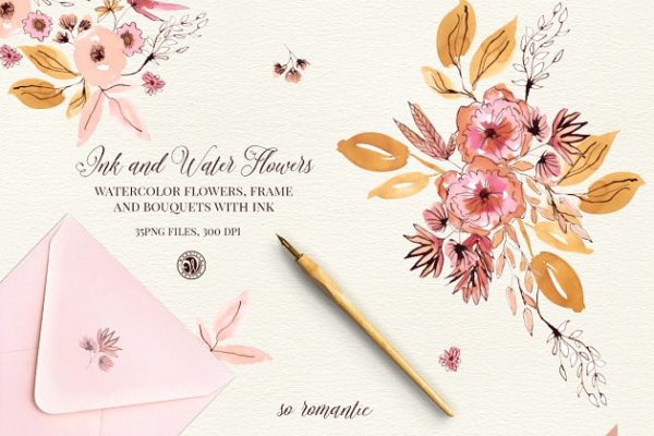 彩色水墨花卉插画设计素材精选 Ink and Water Flowers