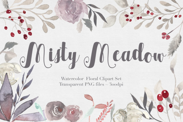 独特的手绘花卉树叶水彩图案 Misty Meadow Floral Clipart Set