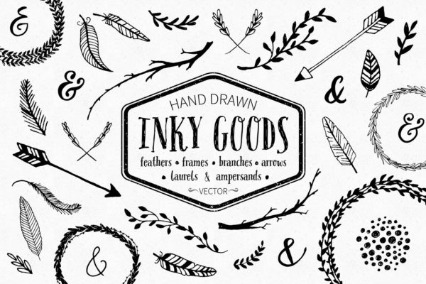手绘树枝羽毛油墨剪贴插画 Inky Goods Vector Graphics