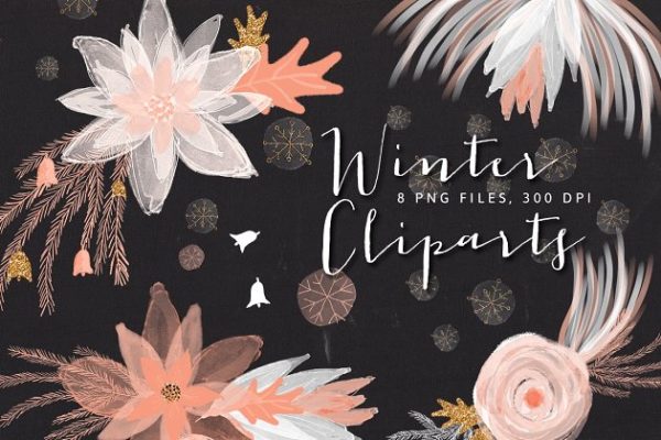 冬季花卉艺术剪贴画汇总 Winter Floral Cliparts