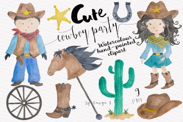 西部牛仔可爱风格水彩插画 Cowboy Party Watercolor Set