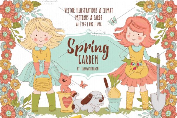 春天花园小女孩&花卉矢量图集