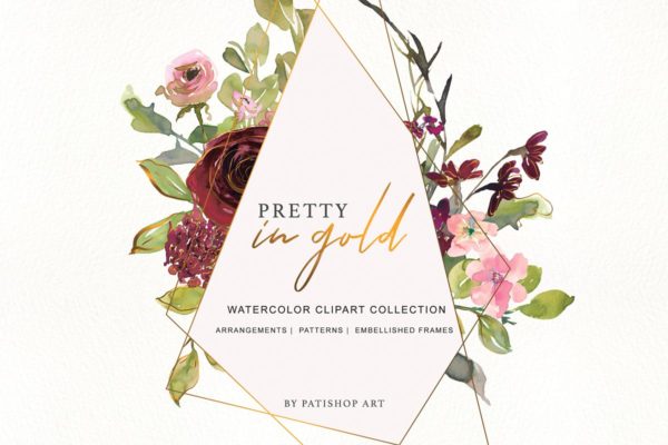 金色&勃艮第深红花卉水彩插画汇总